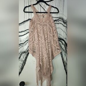 Memories Beige Crocheted Open-Knit Fringe Top